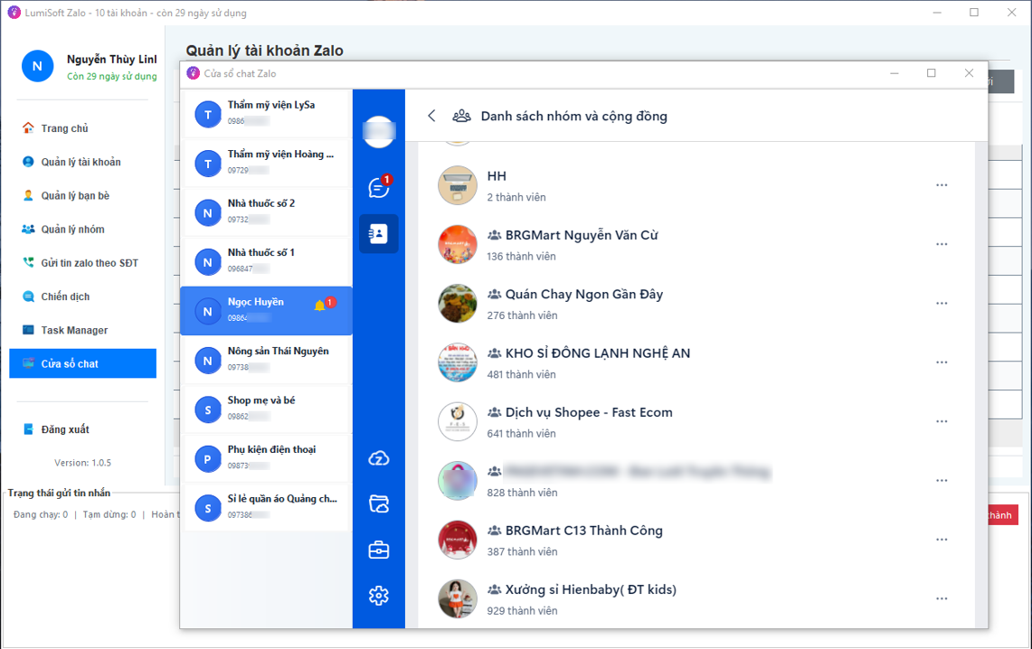 Giao diện Dashboard trong phần mềm LumiSoft Zalo