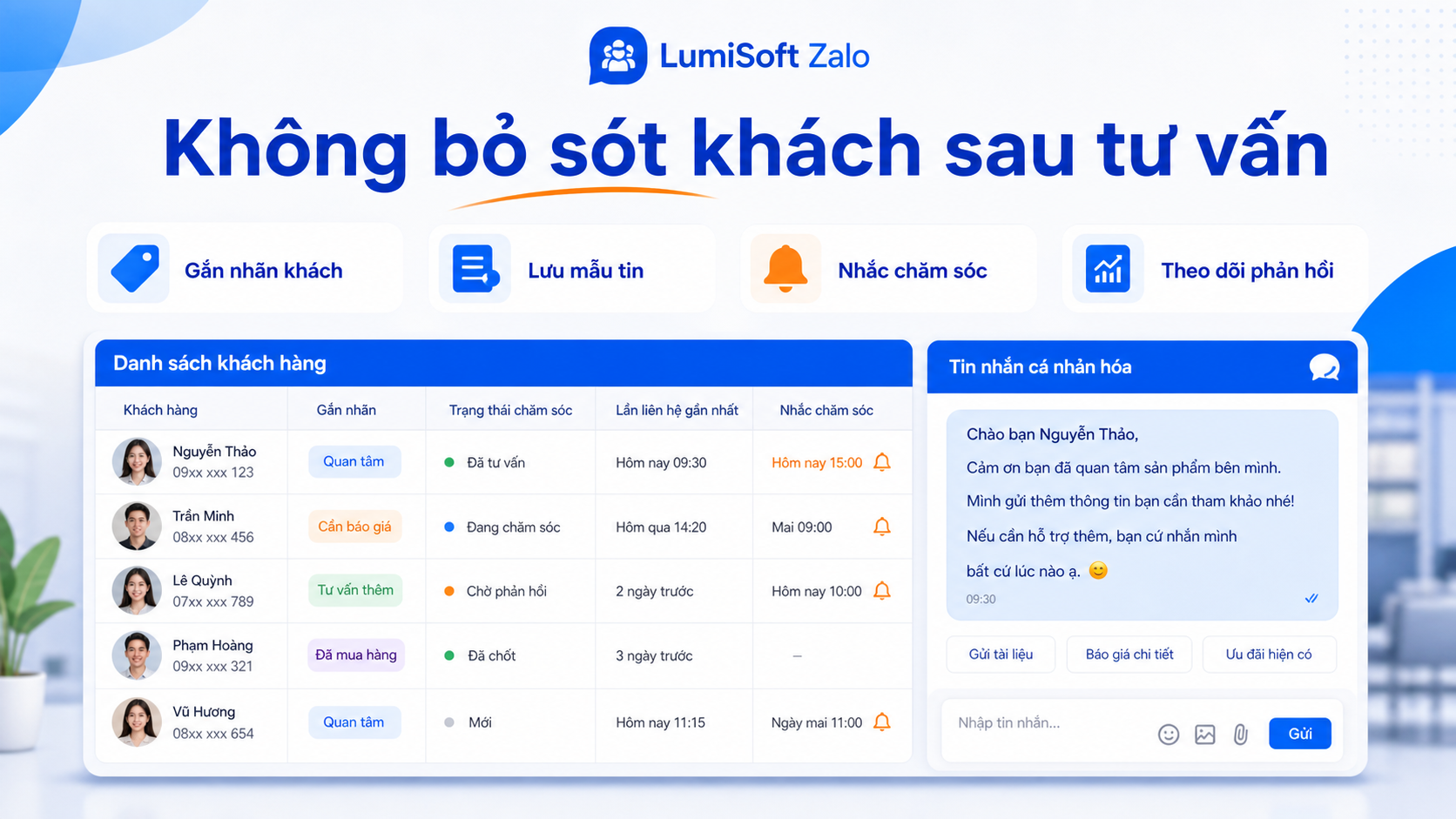 LumiSoft Zalo hỗ trợ quản lý kịch bản nhắn tin sau tư vấn và theo dõi phản hồi khách hàng